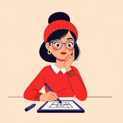 Young woman artist wearing a beanie and glasses drawing on a tablet.
