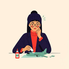 Young woman focused on assembling a model airplane with glue.