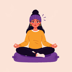 Young woman meditating in lotus position wearing winter clothes.
