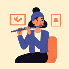 Young woman playing the flute with concentration.