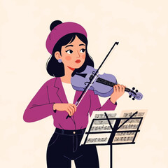 Young woman playing violin with sheet music.