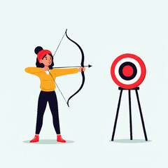 Young woman practicing archery aiming at a target.