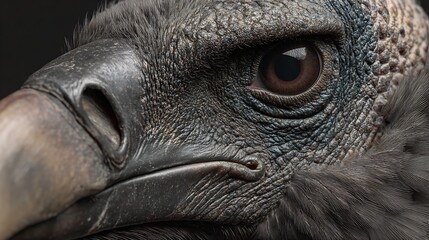 Hyper detailed close up of vulture face with textured skin hooked beak and feather details