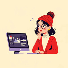 Young woman wearing glasses and a red beanie thinking about her computer work.