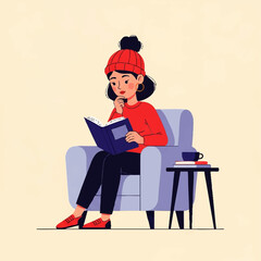 Young woman wearing a red beanie and sweater reading a book comfortably in an armchair.