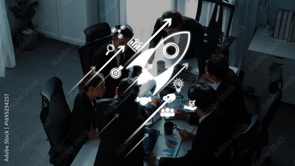 Poster dynamic business team collaborates in a modern office setting, sharing innovative ideas and strategi