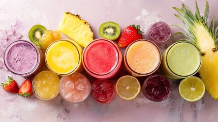 Colorful fruit smoothie assortment in glasses for healthy eating and lifestyle on a textured light background