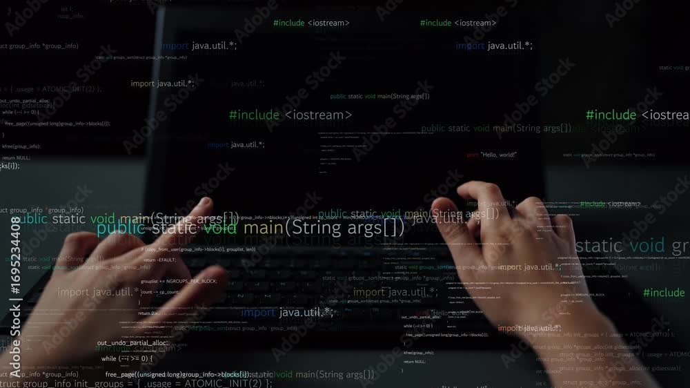 Poster a close-up of hands typing on a laptop with lines of programming text surrounding them, illustrating