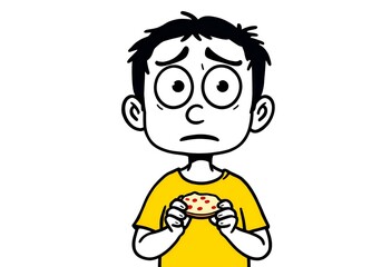 Obraz premium Cartoon illustration of a worried boy holding a slice of pizza in front of a plain white background with a concerned expression.