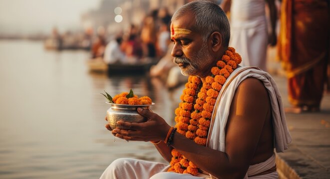 Hindu priest performing a traditional Tarpan ritual on the banks of a sacred river at sunrise, symbolizing devotion and cultural heritage.