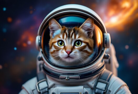 Portrait of a curious tabby cat wearing a white astronaut helmet with a reflective visor against a vibrant cosmic background