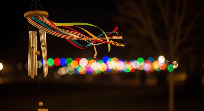 Colorful wind chimes with vibrant bokeh lights in the night