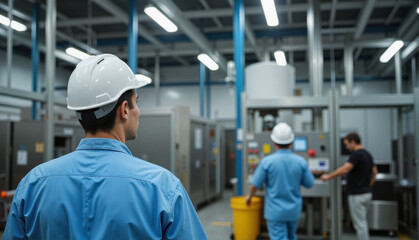 Technician observing medical waste disposal process in a sterile industrial environment, focusing on safety and efficiency, concept of waste management or recycling services