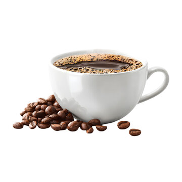 A steaming white ceramic cup filled with dark roasted coffee beans and hot coffee isolated on transparent background