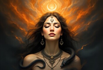 Digital portrait of a mystical woman with a snake and celestial elements in a dramatic, dark background with warm, golden tones.