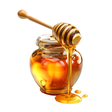 Golden honey dripping from a wooden dipper into a glass jar isolated on transparent background