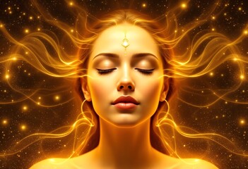Serene woman with closed eyes and golden aura in a mystical background.