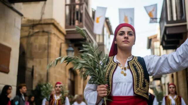woman in traditional dress holding olive branch and waving flag during parade through historic nicosia streets. national pride and heritage celebration. travel, cultural event, cyprus independence day