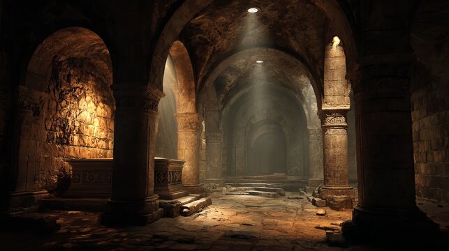 Eerie underground crypt illuminated by spotlights creating dramatic shadows and mysterious atmosphere within ancient stone structures.