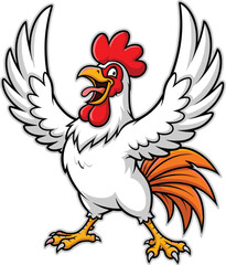 Cartoon rooster, crowing bird, farm animal, colorful feathers, red comb, animated style, vector art, expressive pose, morning, sunrise, wings, tail, yellow legs, farm life