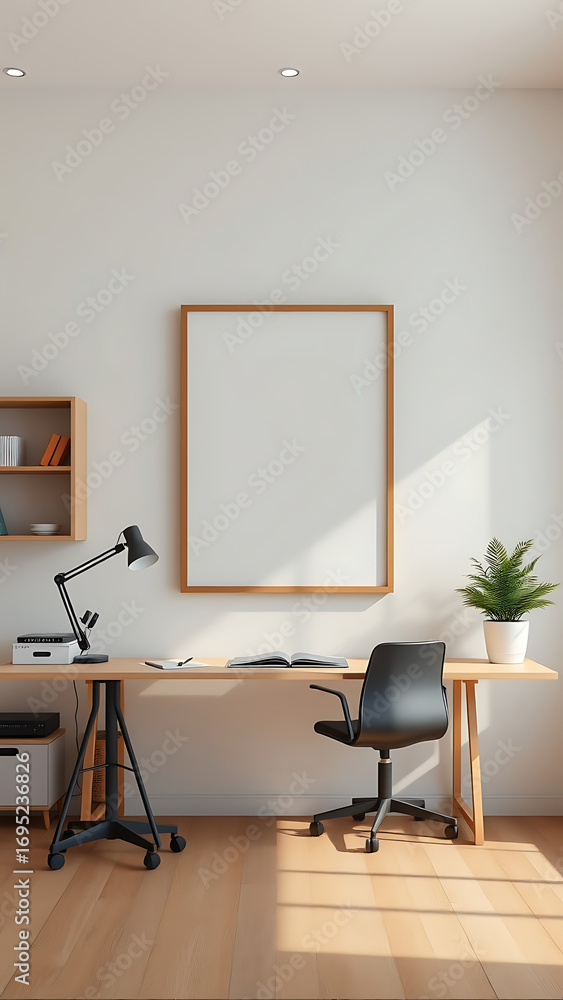 Poster working room with empty frame hanging on wall modern minimalist interior 3d rendering vertical