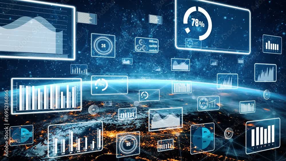 Poster explore a captivating digital landscape showcasing data visualization over earth, featuring interact