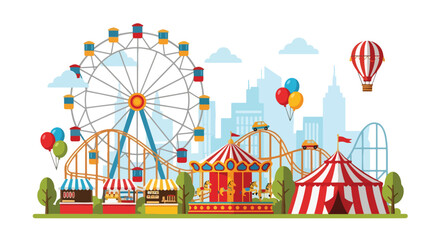 Colorful amusement park illustration with ferris wheel, roller coaster, carousel, circus tent, food stalls, balloons, and hot air balloon set against a city skyline for family fun and entertainment