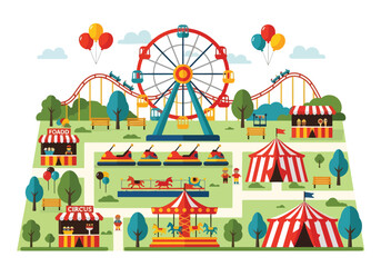 Colorful Map of an amusement park with ferris wheel, roller coaster, bumper cars, carousel, circus tent, food stalls, balloons, and funfair attractions for kids and families
