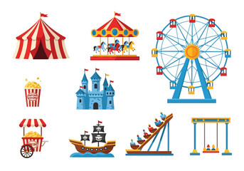 flat icons of amusement park attractions including carousel, ferris wheel, castle, pirate ship, swing ride, hot air balloon, circus tent, and popcorn cart for fun fair and festival themes © meeblues