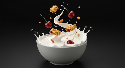 Bowl of milk bursts with cherries almonds and granola bars creating a dynamic and healthy breakfast concept against a stark background