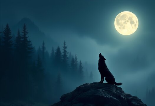Silhouette of a wolf howling at a full moon in a misty forest with a mountain range in the background under a dark blue night sky. - Powered by Adobe