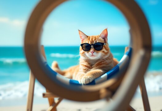 A relaxed orange tabby cat wearing sunglasses lounges on a beach chair at the seaside, viewed through a circular frame with a warm and serene atmosphere. - Powered by Adobe