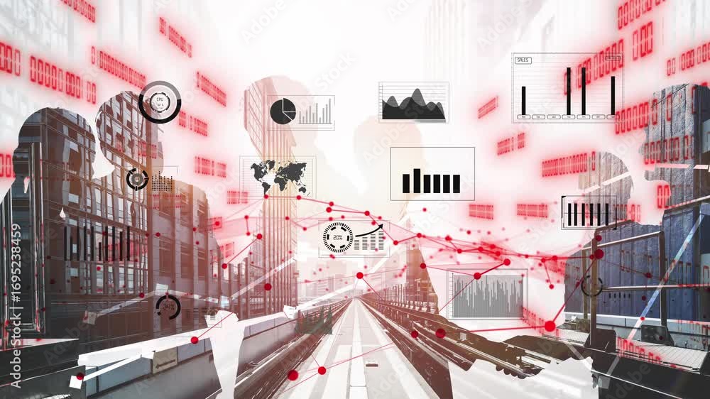 Poster a dynamic urban scene showcasing data visualization elements, featuring silhouettes and various grap