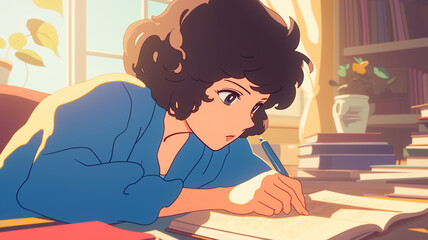 想像力とインスピレーションを表現した抽象的なイラスト、ノートにペンを走らせる女性、思考と感情が交差する瞬間、青春、物語、未来、成長、静寂、知識、夢、努力、情熱を描いた作品