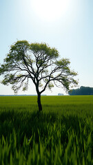 Obraz premium Single Tree in a Verdant Marsh Landscape Under a Sunny Sky vertical