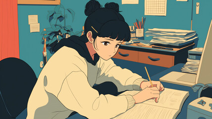 想像力とインスピレーションを表現した抽象的なイラスト、ノートにペンを走らせる女性、思考と感情が交差する瞬間、青春、物語、未来、成長、静寂、知識、夢、努力、情熱を描いた作品
