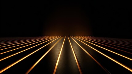 Fototapeta premium Golden Light Stripes Extending Distance Dark Background Depth Sense Minimalist Light Art