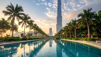 南国のヤシの木の並木と高層ビルを映すリゾートプール