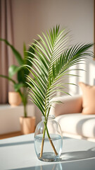 Pastel Home Decor Scene with Palm Leaf in Vase vertical