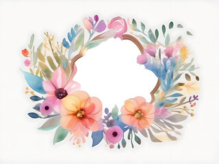 Watercolor floral frame with vibrant blossoms and green leaves.