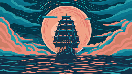 Obraz na płótnie Canvas Majestic Sailing Ship at Night Under a Crimson Moon