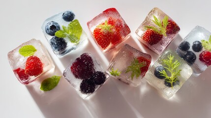 Refreshing frozen fruit ice cubes bursting with vibrant berries and aromatic herbs, perfect for summer drinks and culinary creations.