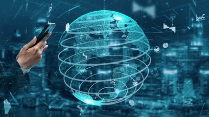 This image depicts a hand interacting with a smartphone, overlaid on a globe, symbolizing global connectivity and technological advancements in business analytics. Xenic - Powered by Adobe