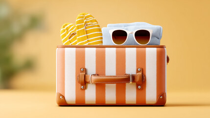 Striped suitcase with sunglasses and beach items for summer travel
