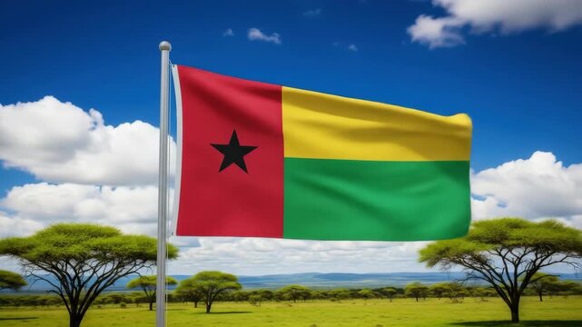 guinea-bissau flag waving prominently against vibrant savanna background with acacia trees and bright blue sky. national pride, african landscape. travel, independence day, geographic concept.