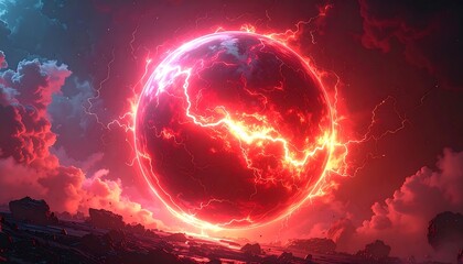 Fiery celestial orb amidst stormy clouds