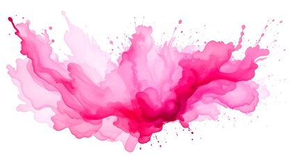 Abstract watercolor splash with gradient pink hues and splatter on white background