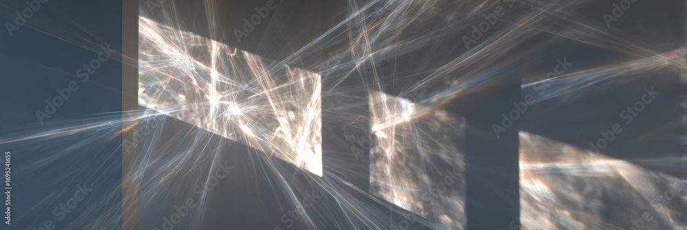 Poster sunlight reflections create dynamic patterns on wall surfaces during afternoon in an indoor setting