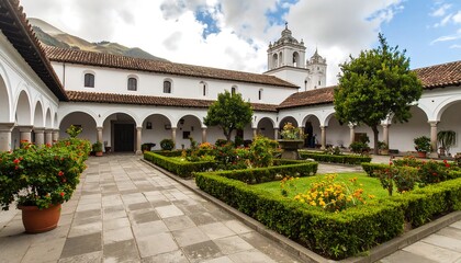 Fototapeta premium Quaint courtyard with lush gardens