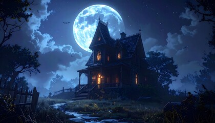 Haunted house at night